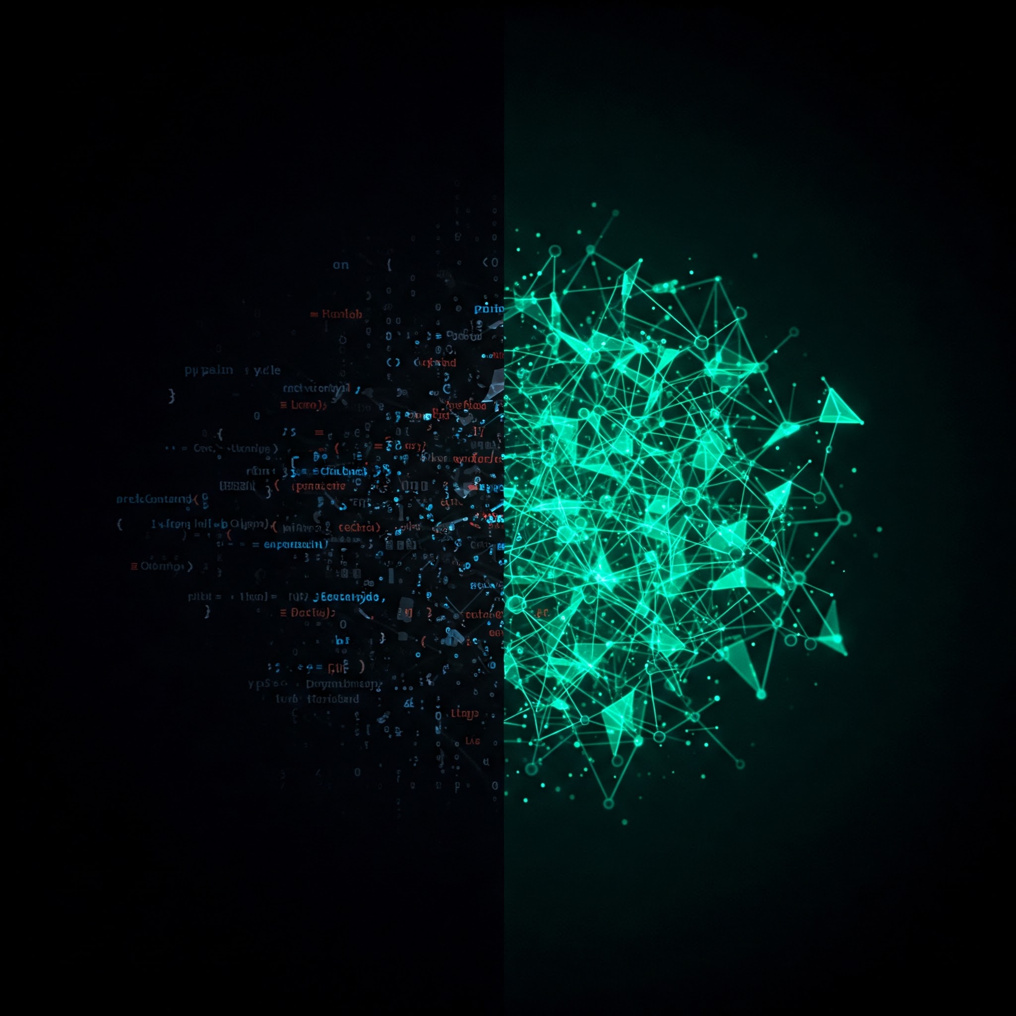 Visuelle Metapher: Code verwandelt sich in ein leuchtendes Netzwerk